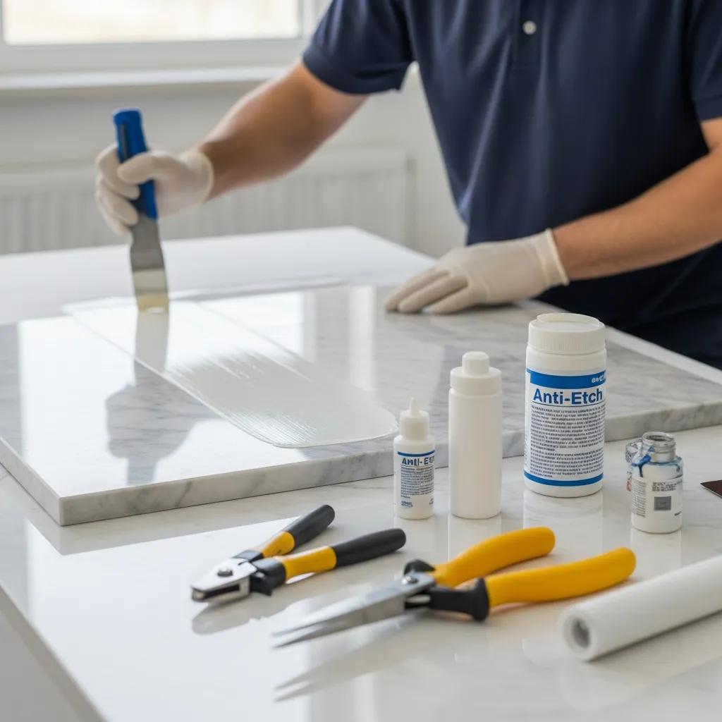 Step-by-step process of anti-etch sealing on marble surfaces with tools and technician