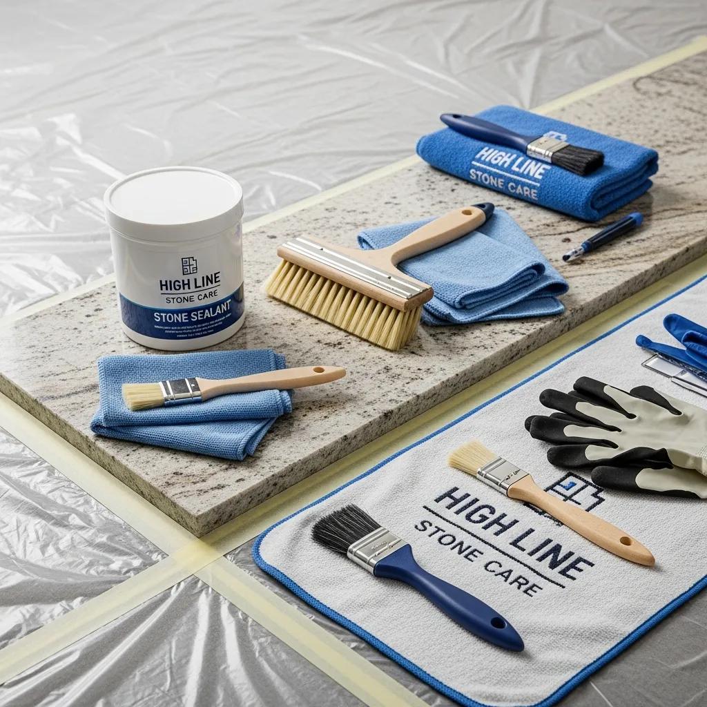 Step-by-step process of stone sealing, showcasing tools and materials used for professional stone care