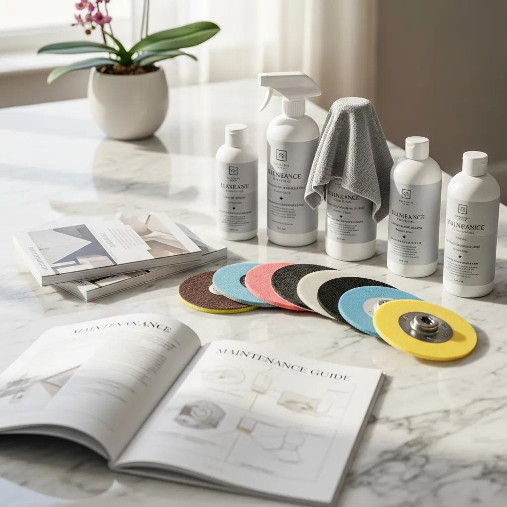 Stone care tools and products arranged on marble surface, emphasizing maintenance and protection