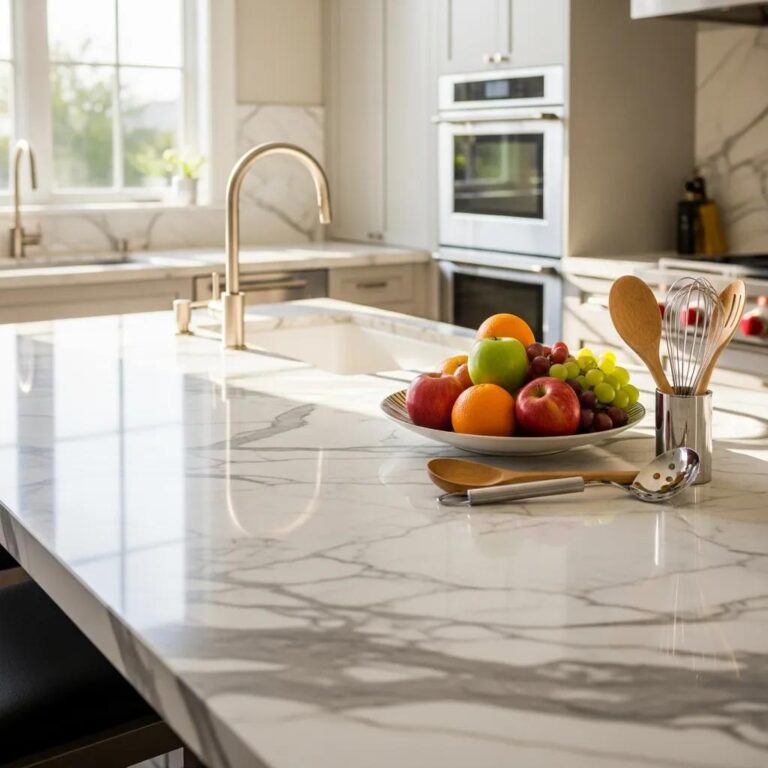 Stunning marble countertops in a bright kitchen, highlighting their beauty and maintenance needs
