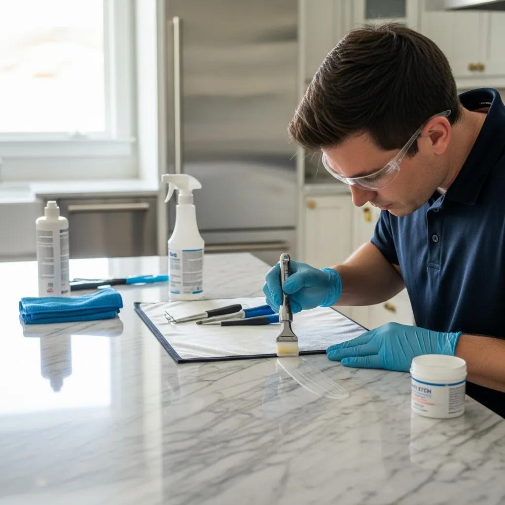 Technician applying anti-etch coating to a marble countertop, demonstrating the sealing process