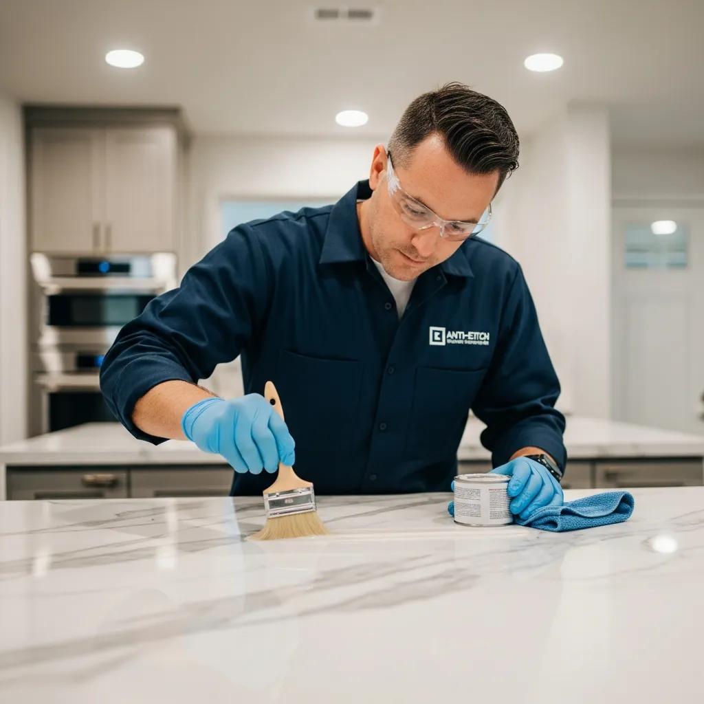Technician applying anti-etch coating to marble, showcasing the professional sealing process