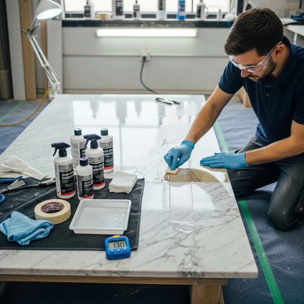 Technician applying anti-etch sealant to a marble surface during professional sealing process
