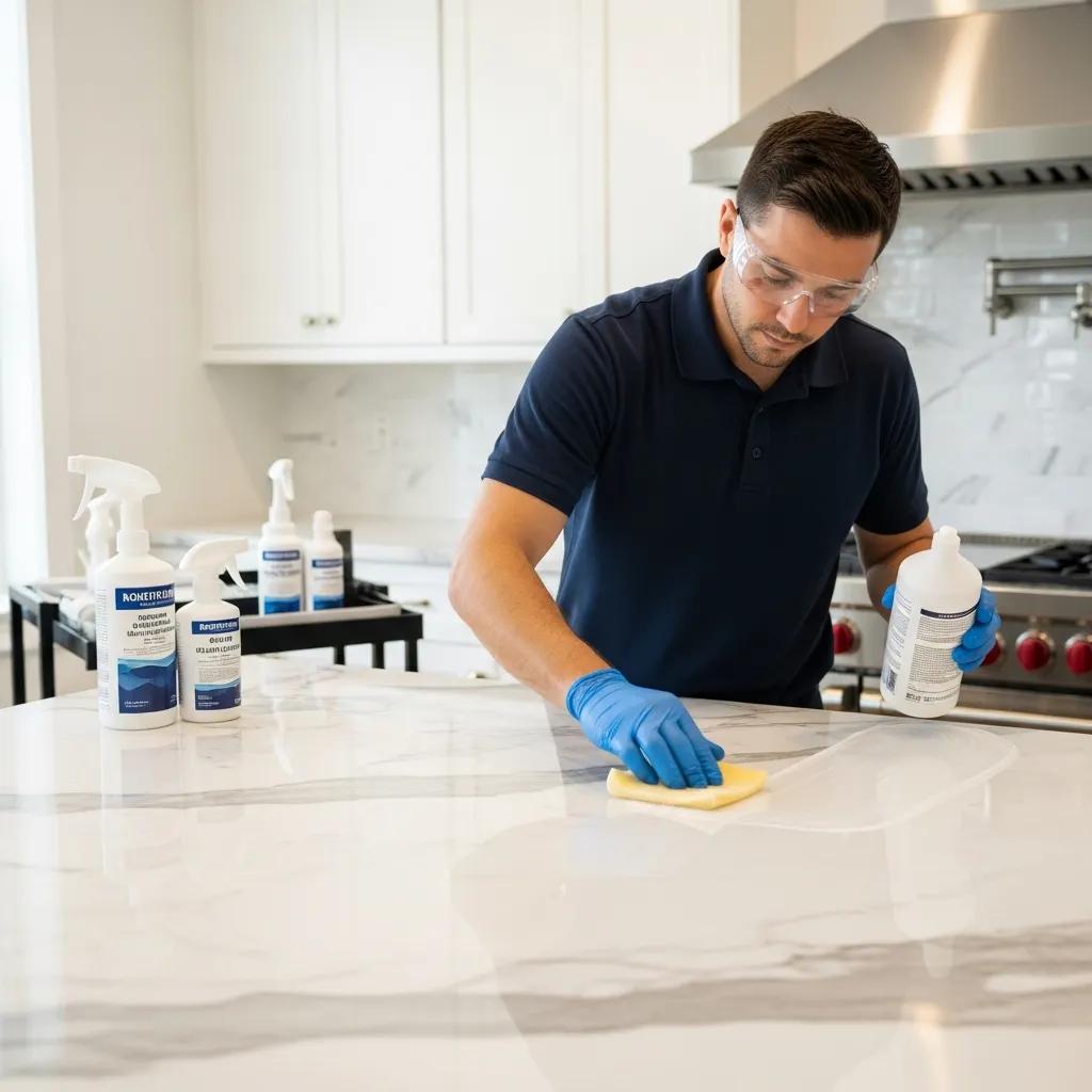 Technician applying anti-etch sealant to a marble surface during professional sealing process