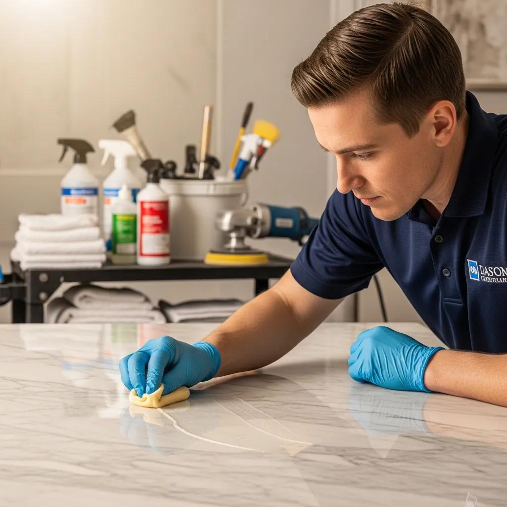 Technician applying anti-etch sealant to a marble surface, illustrating the professional sealing process