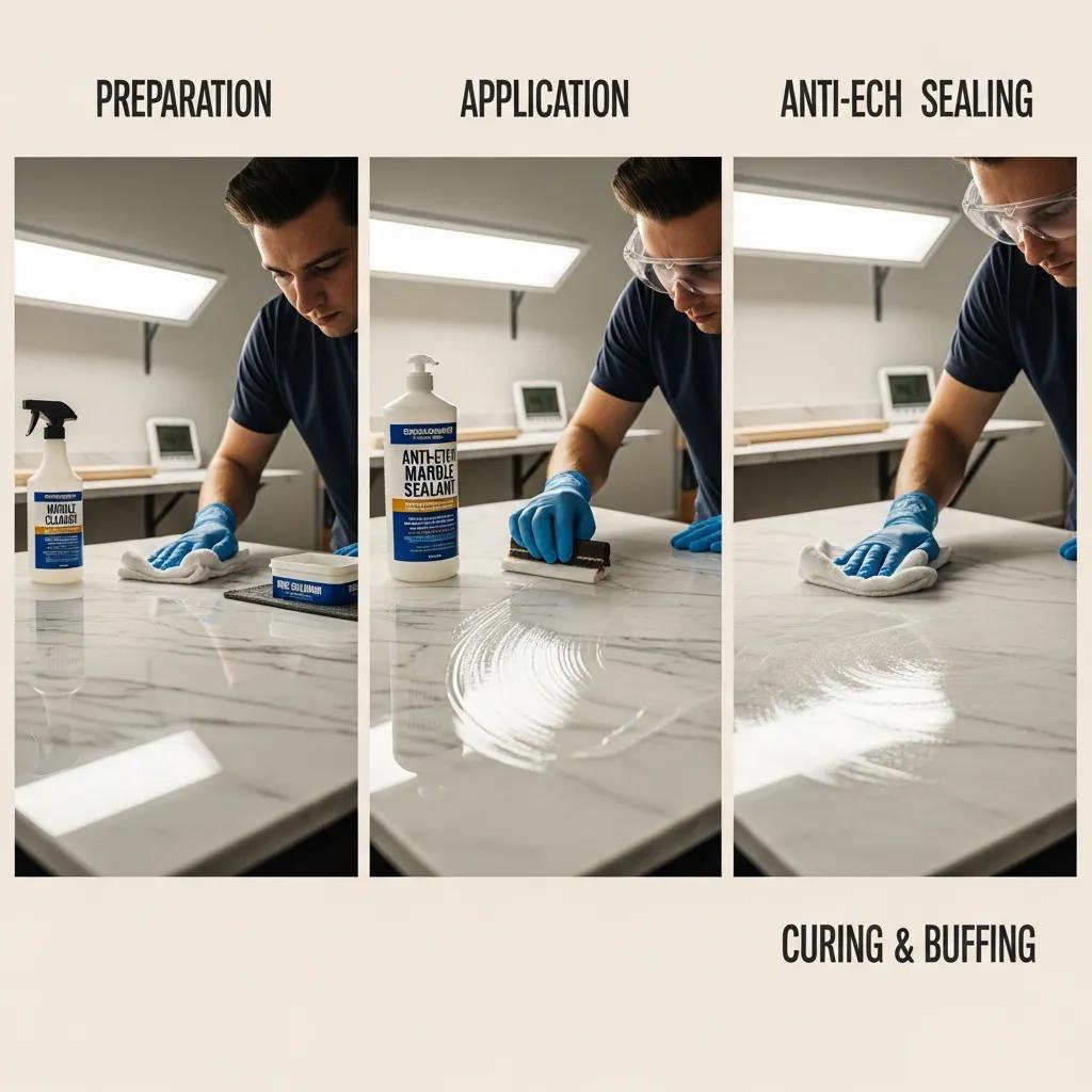 Technician applying anti-etch sealant to a marble surface in a professional workspace