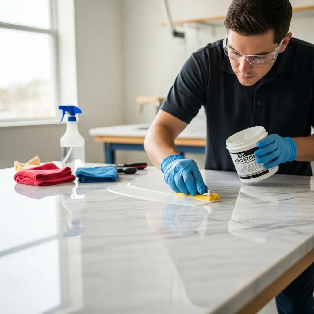 Technician applying anti-etch sealant to a marble surface in a professional workspace