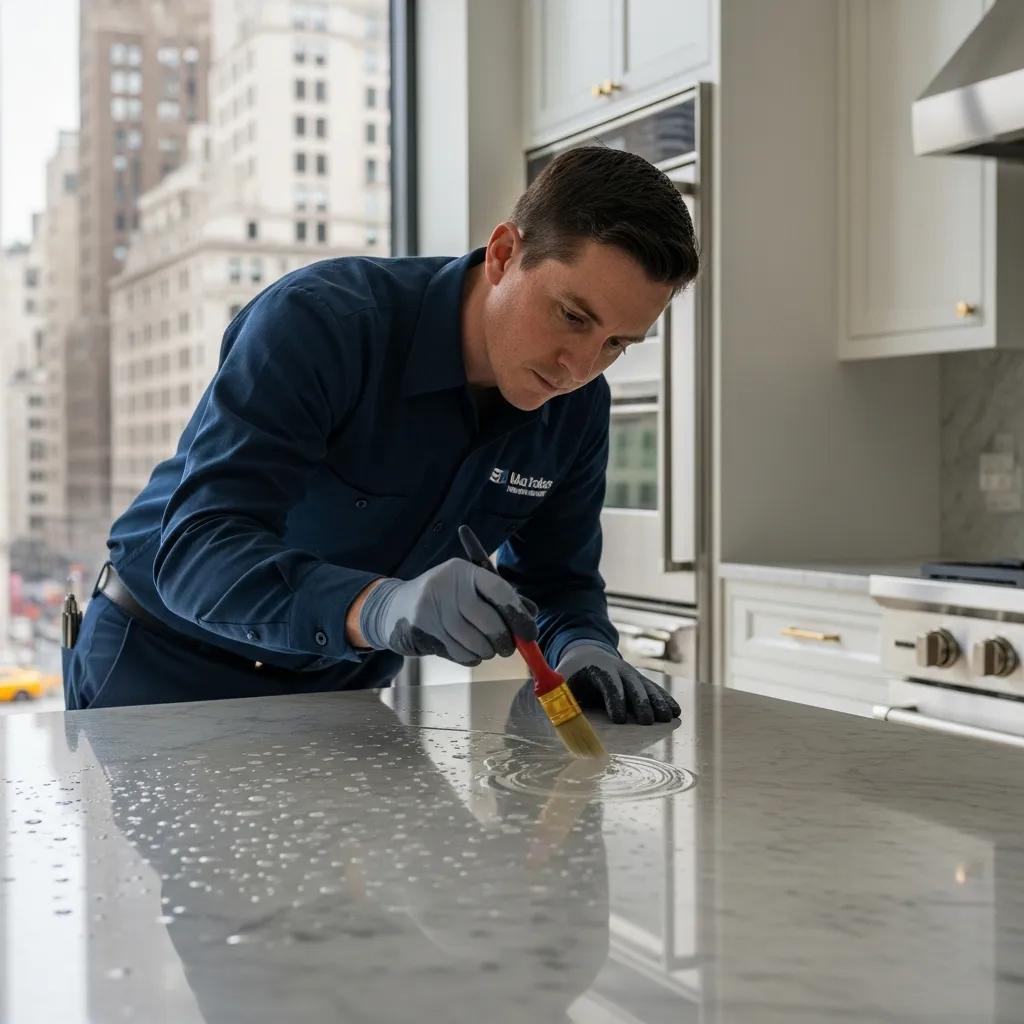 Technician applying anti-etch sealant to a stone surface in Manhattan