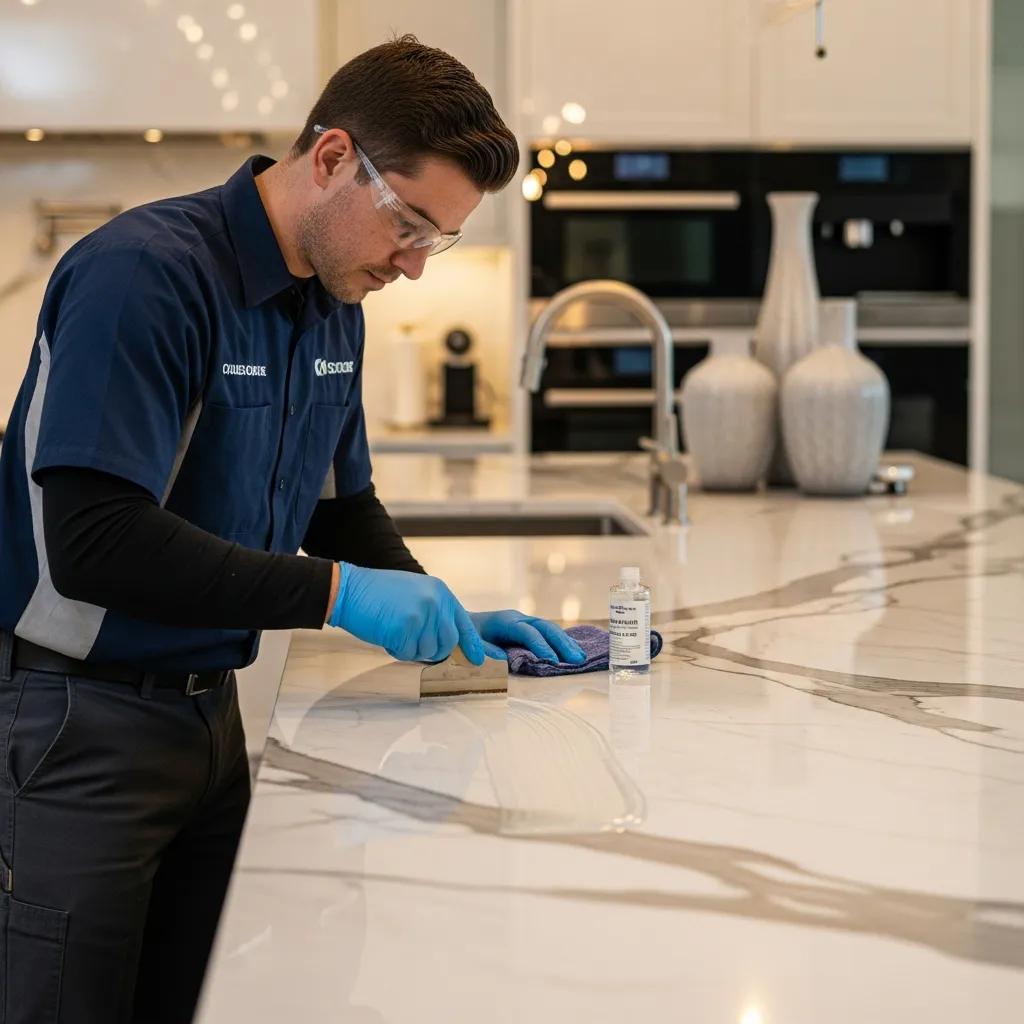 Technician applying anti-etch sealant to luxury marble countertop, showcasing professional care