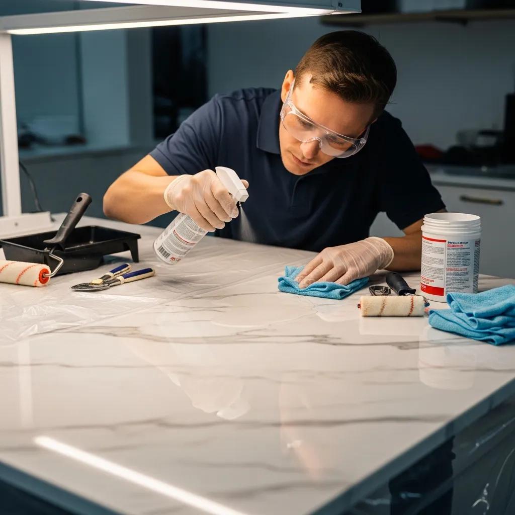 Technician applying anti-etch sealant to marble, demonstrating sealing process