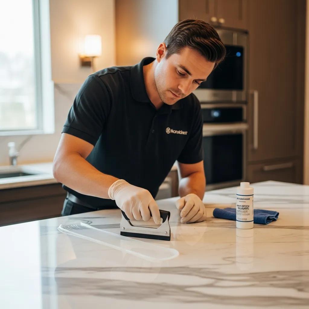 Technician applying anti-etch sealant to marble, demonstrating the professional sealing process for marble protection