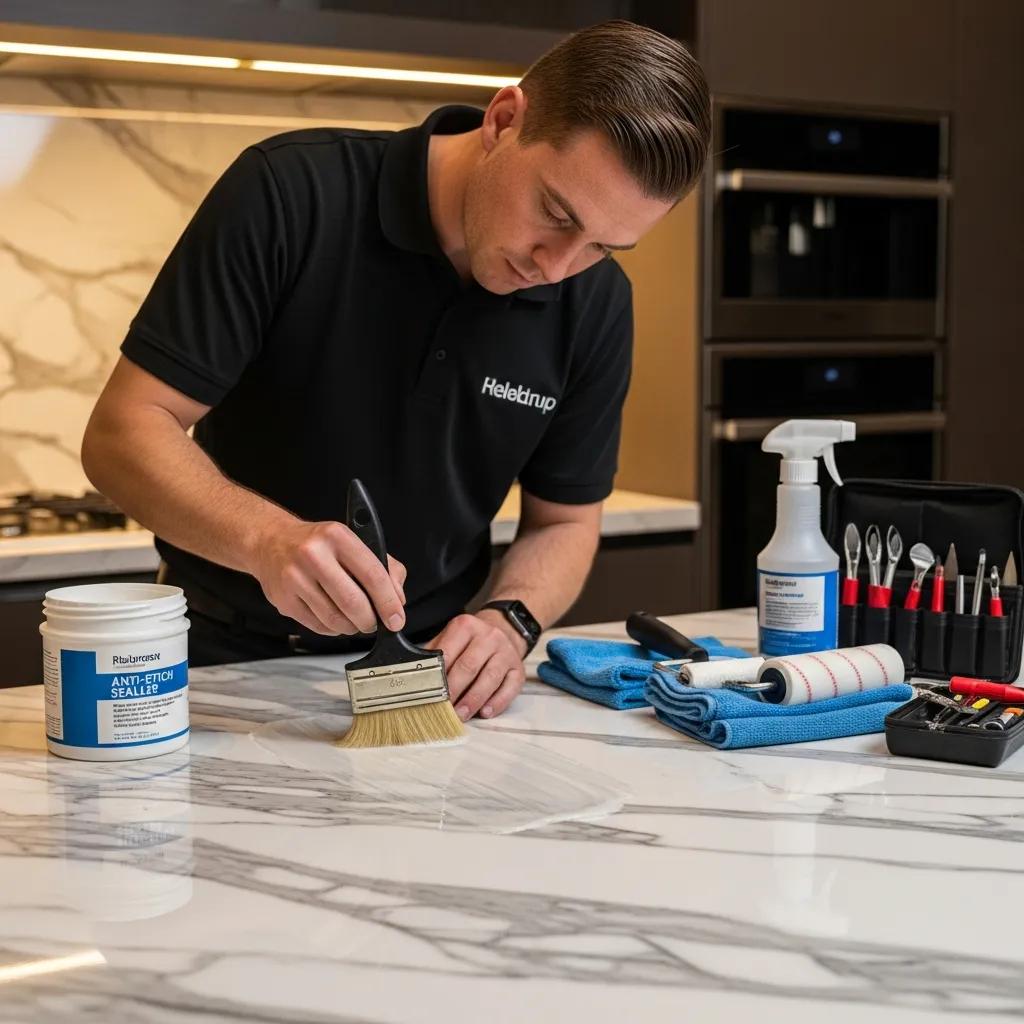 Technician applying anti-etch sealant to marble, illustrating the sealing process for stone protection