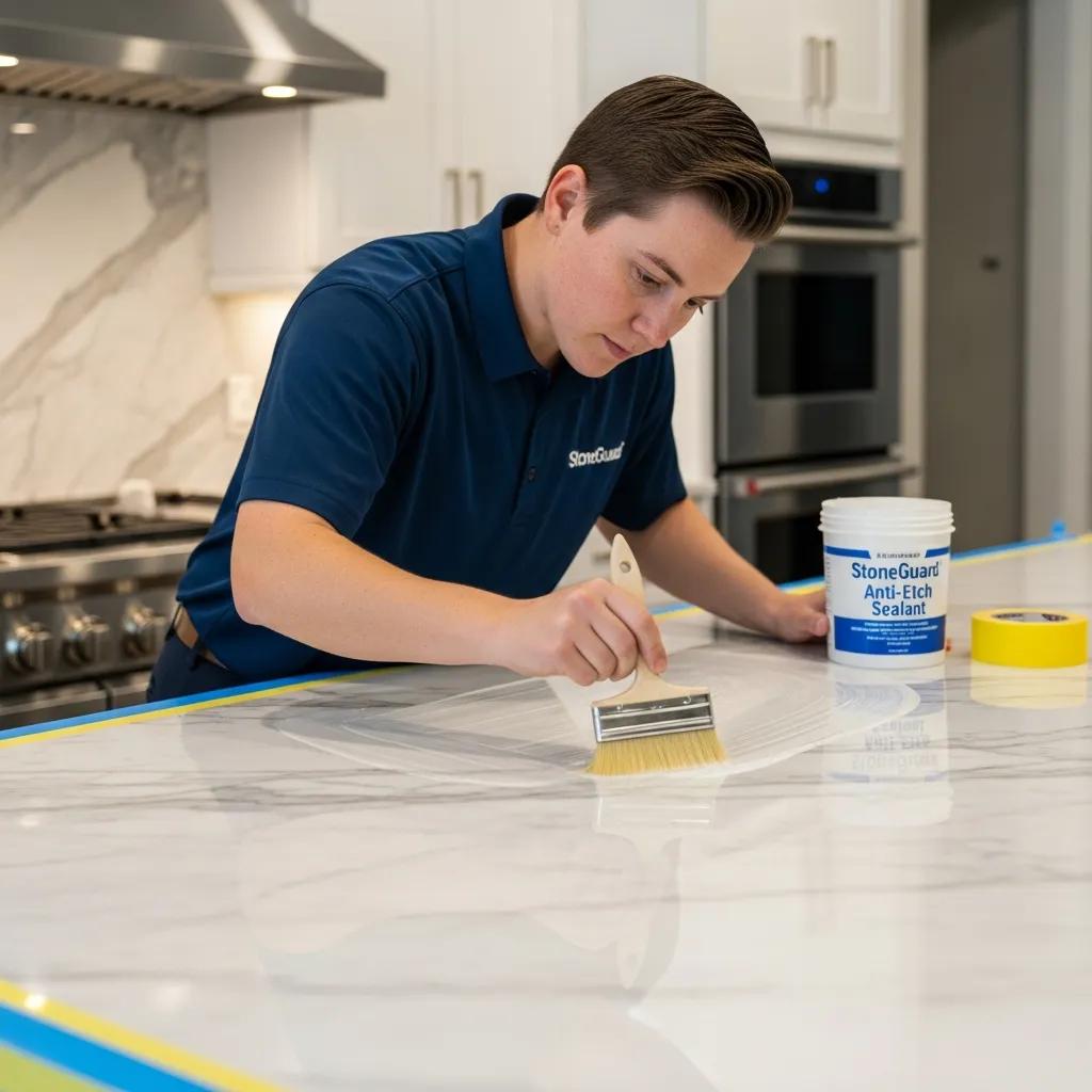 Technician applying anti-etch sealant to marble surface demonstrating professional sealing process