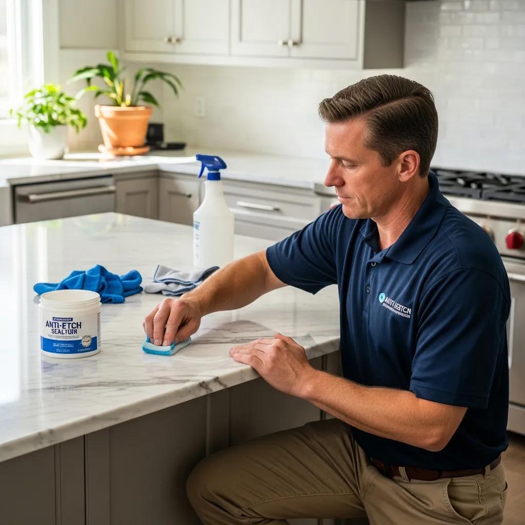 Technician applying anti-etch sealant to marble surface, demonstrating professional stone care