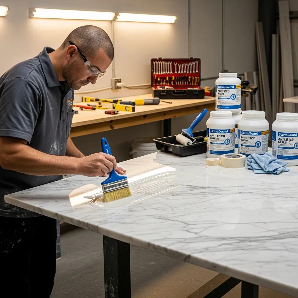 Technician applying anti-etch sealant to marble surface in a workshop
