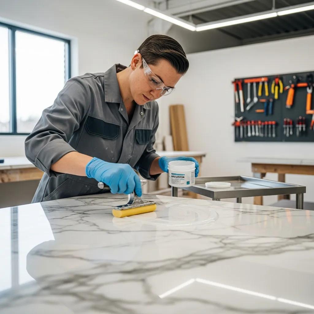 Technician applying anti-etch sealant to marble surface, showcasing professional marble care