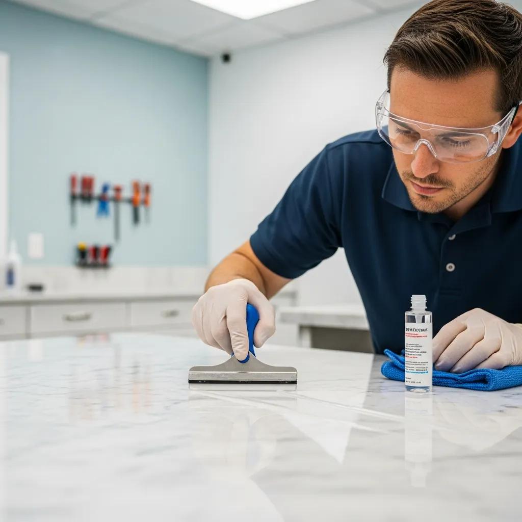 Technician applying anti-etch sealing to marble surface, demonstrating professional care