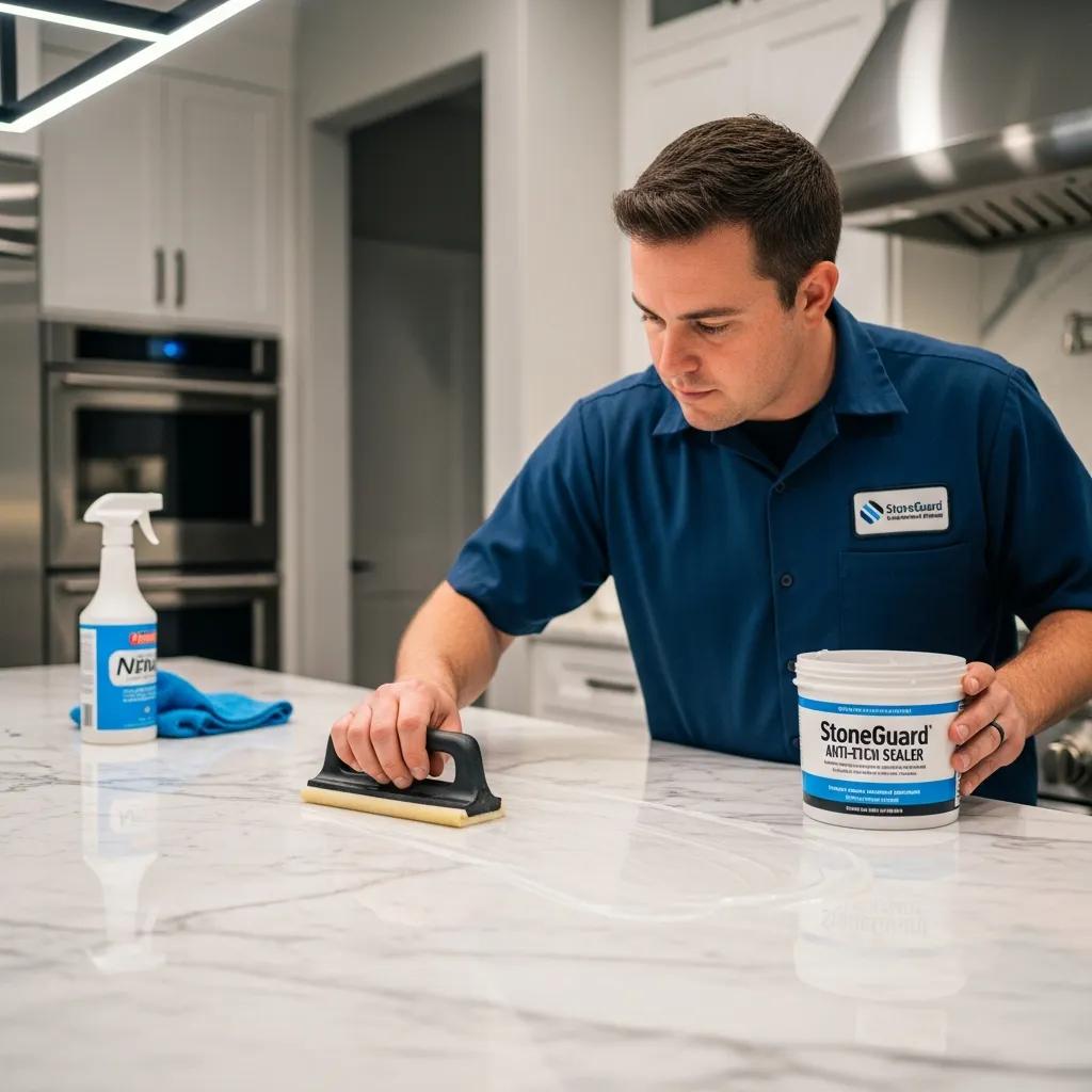 Technician applying anti-etch sealing to marble surface in a professional setting