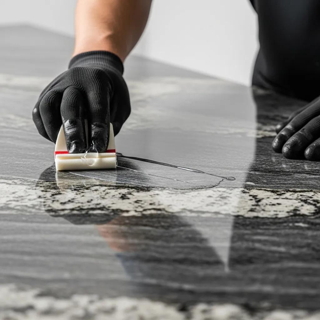 Technician applying penetrating sealer to granite countertop during sealing process