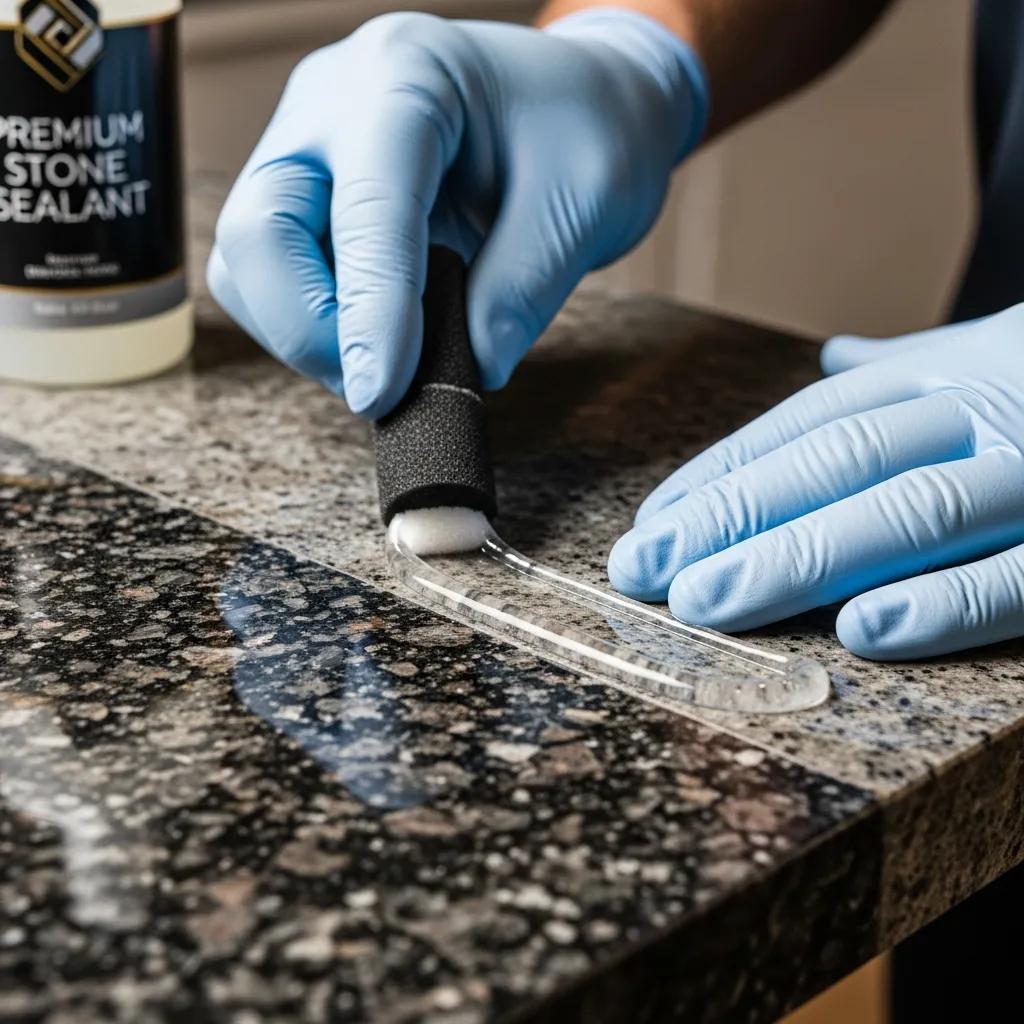 Technician applying premium sealant to a restored countertop, highlighting quality and detail