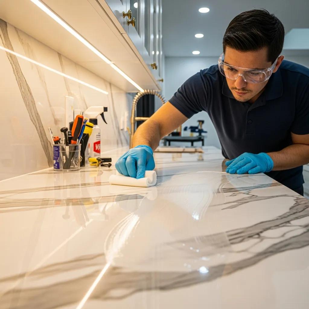 Technician applying professional anti-etch sealant to a marble countertop