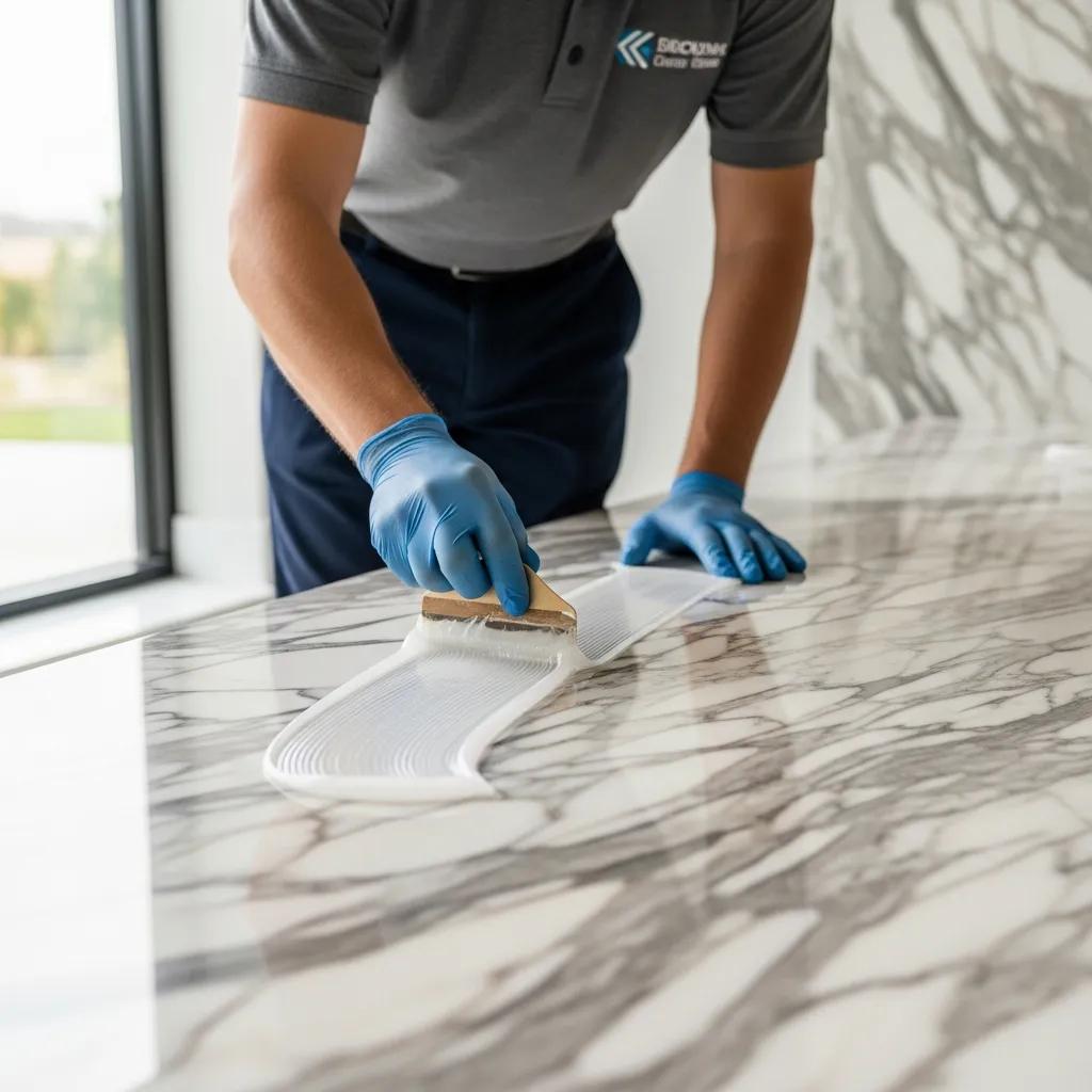 Technician applying sealant to a marble surface, illustrating professional marble care techniques
