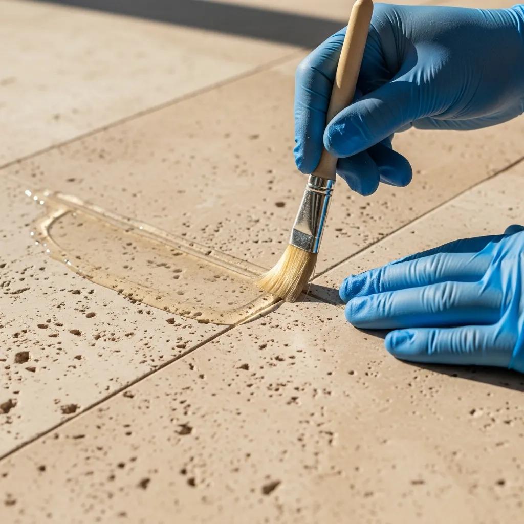 Technician applying sealant to travertine surface for protection