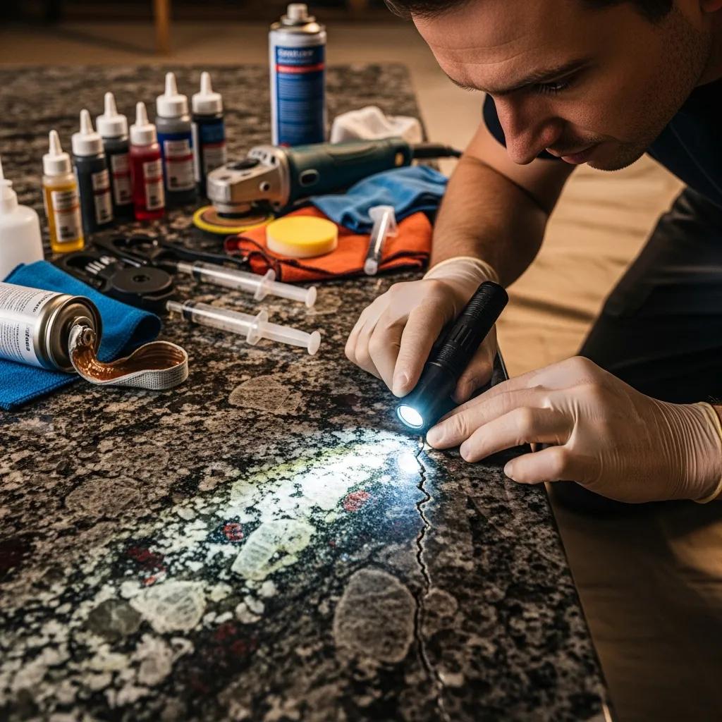 Technician assessing damage on granite countertop during restoration process