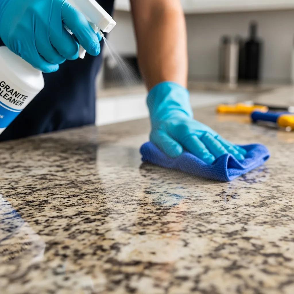 Technician cleaning granite countertop, showcasing restoration process steps