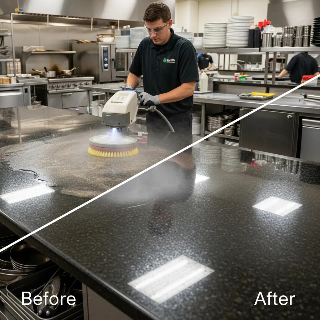Technician cleaning granite surface in a commercial setting, highlighting the cleaning process