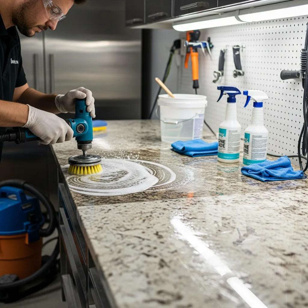 Technician cleaning natural stone surface before sealing, showcasing the preparation process