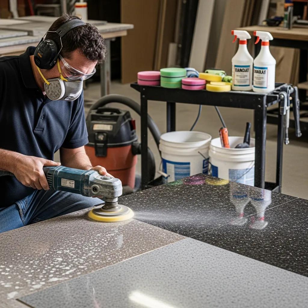 Technician honing and polishing a stone countertop during the restoration process