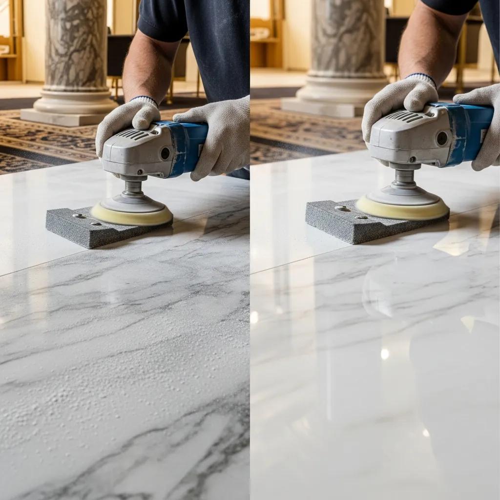 Technician honing and polishing marble in a luxurious New York City commercial property