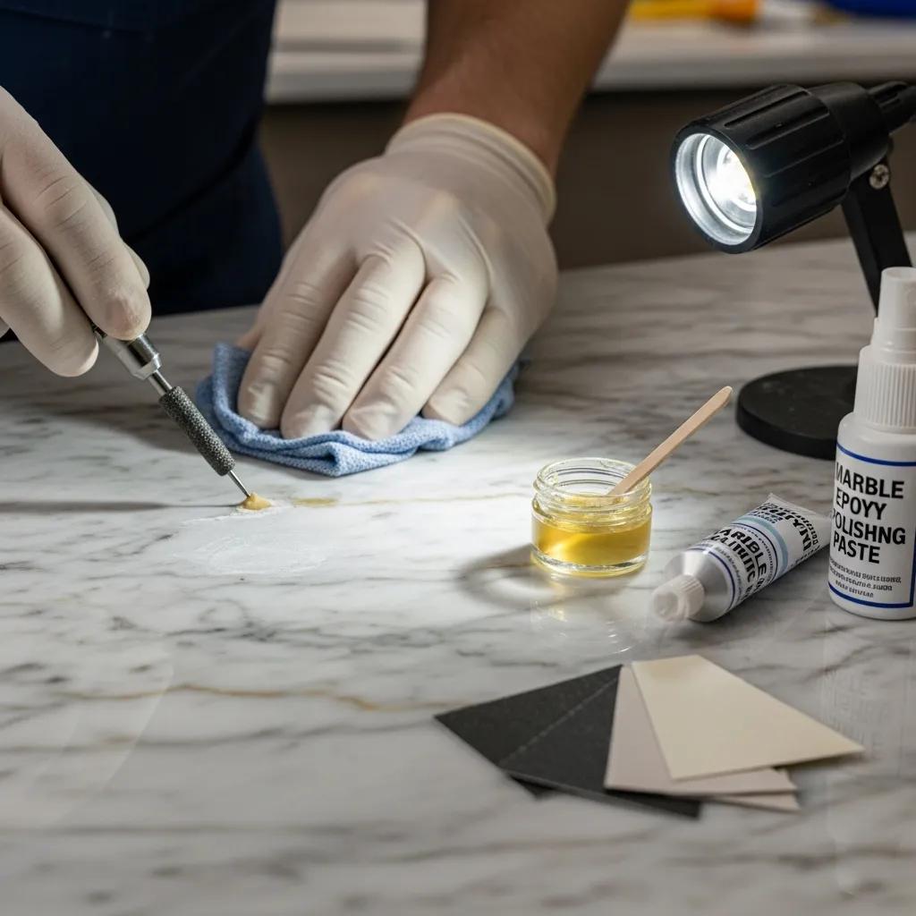 Technician performing marble repair techniques with tools on damaged surface