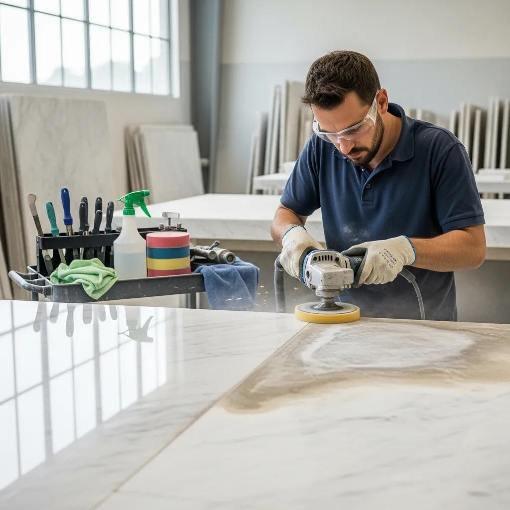 Technician performing stone restoration on a marble countertop with specialized tools