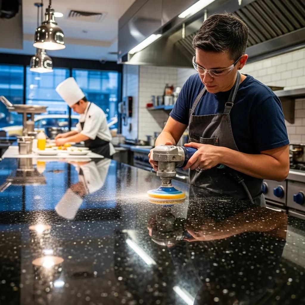 Technician polishing a granite countertop in a busy NYC kitchen, highlighting the process and shine