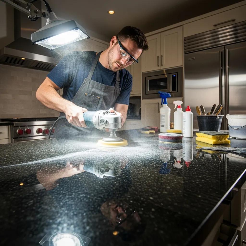 Technician polishing granite countertop during restoration process