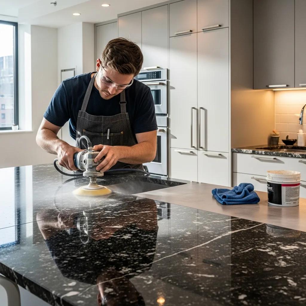 Technician polishing granite countertop in a Brooklyn kitchen, highlighting granite restoration benefits