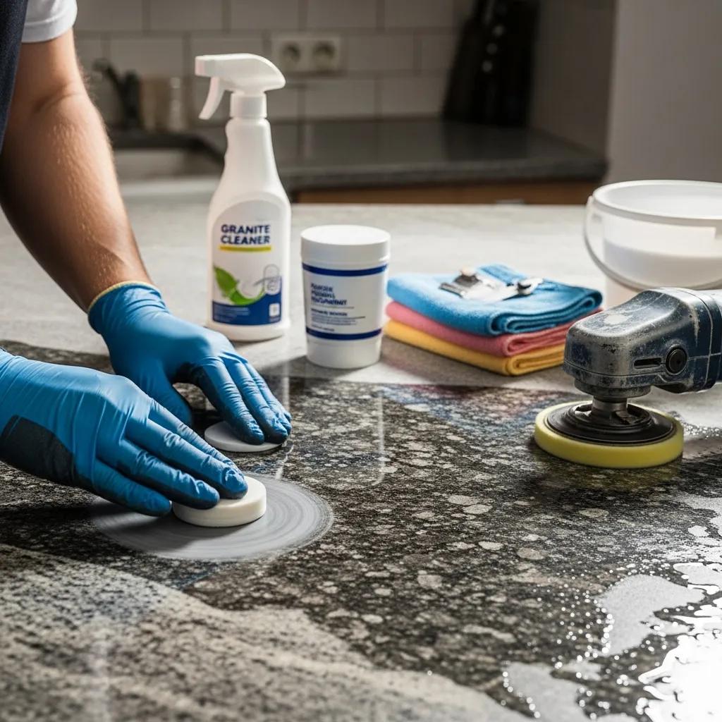 Technician polishing granite countertop, showcasing stone cleaning and restoration process