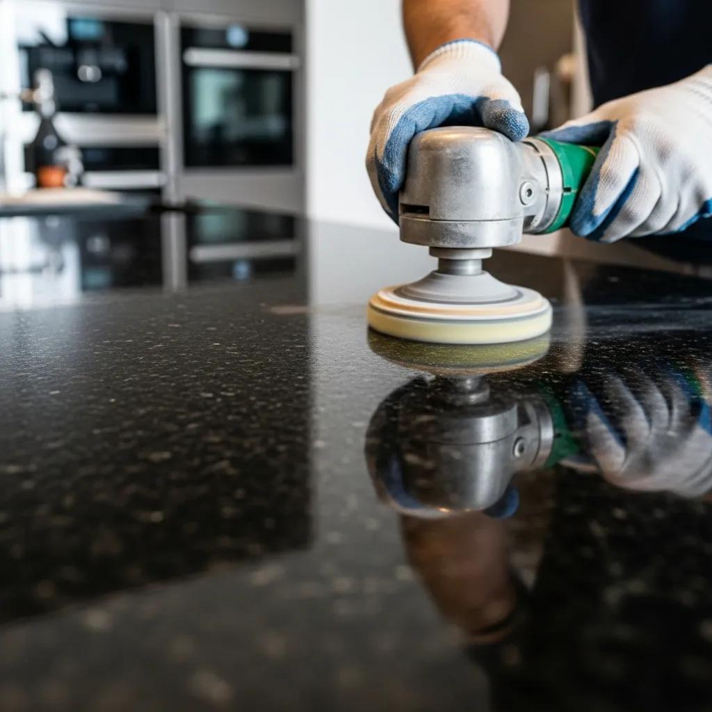 Technician polishing granite countertop with specialized equipment in a stylish kitchen