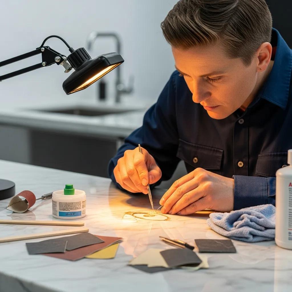 Technician repairing a marble countertop with epoxy, showcasing stone repair techniques