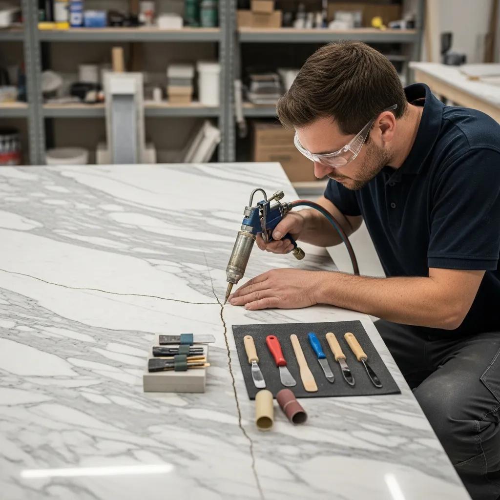 Technician repairing a marble surface with specialized tools