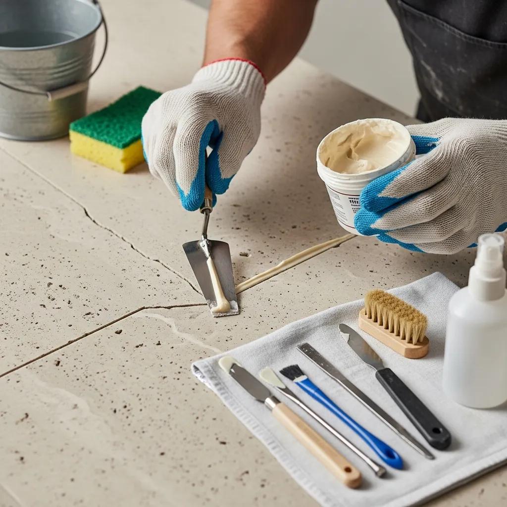 Technician repairing crack in limestone surface, demonstrating specialized stone care services