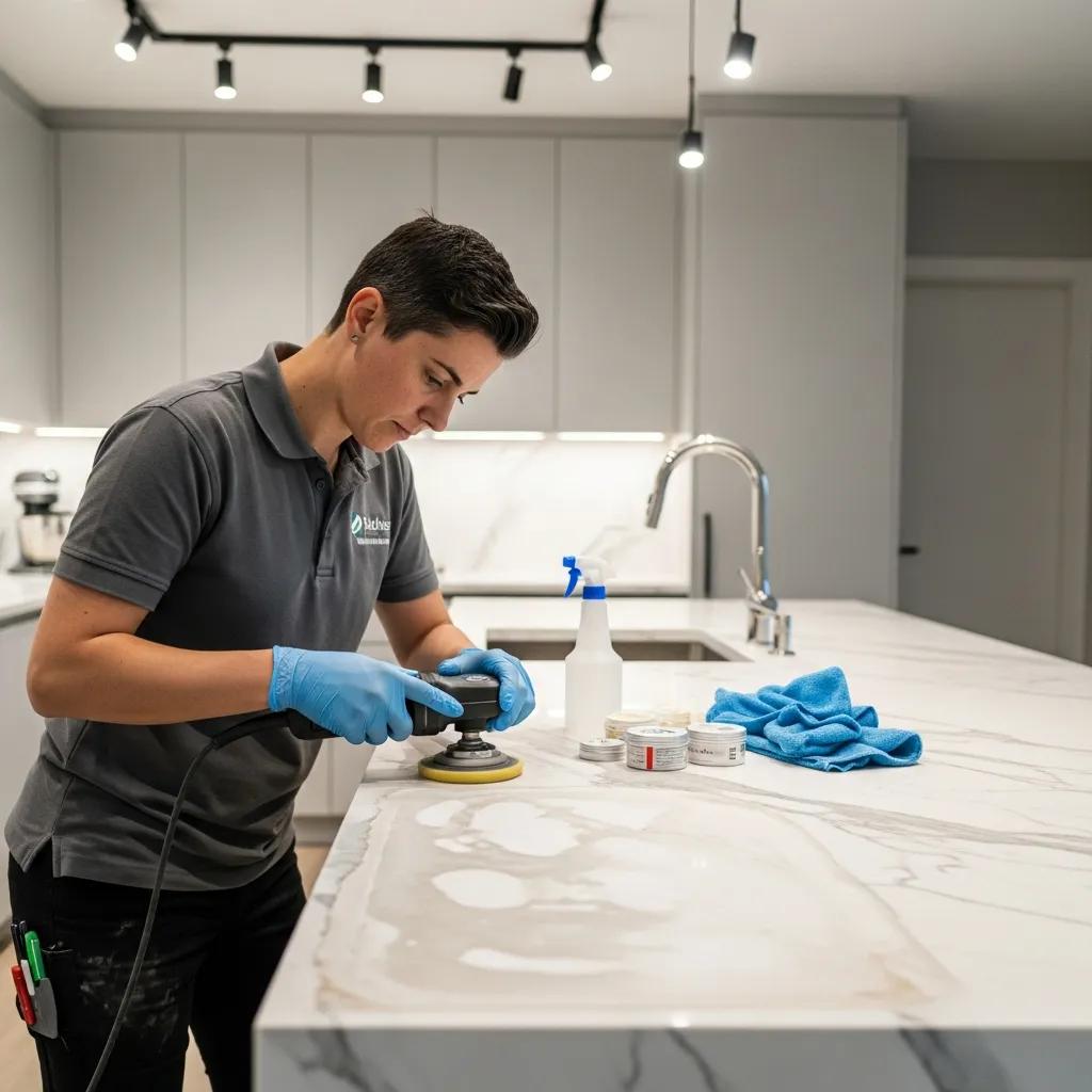 Technician restoring a marble countertop, highlighting unique restoration techniques
