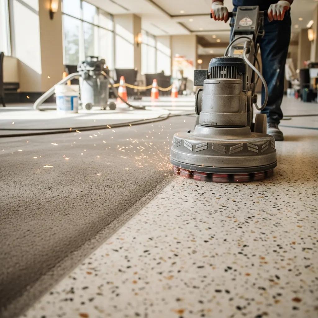 Terrazzo floor restoration in progress, showcasing grinding techniques and professional equipment