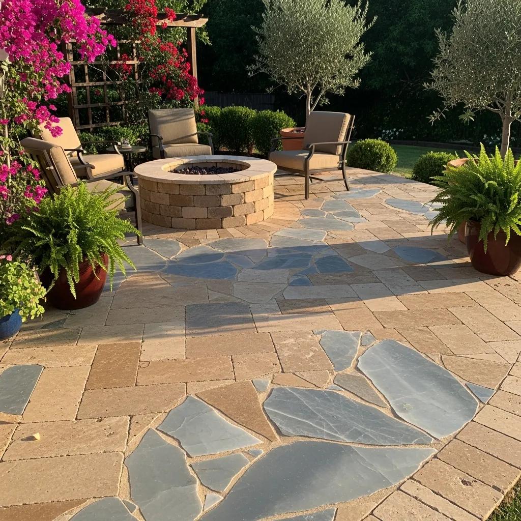 Travertine and quartzite stone features in an outdoor patio setting