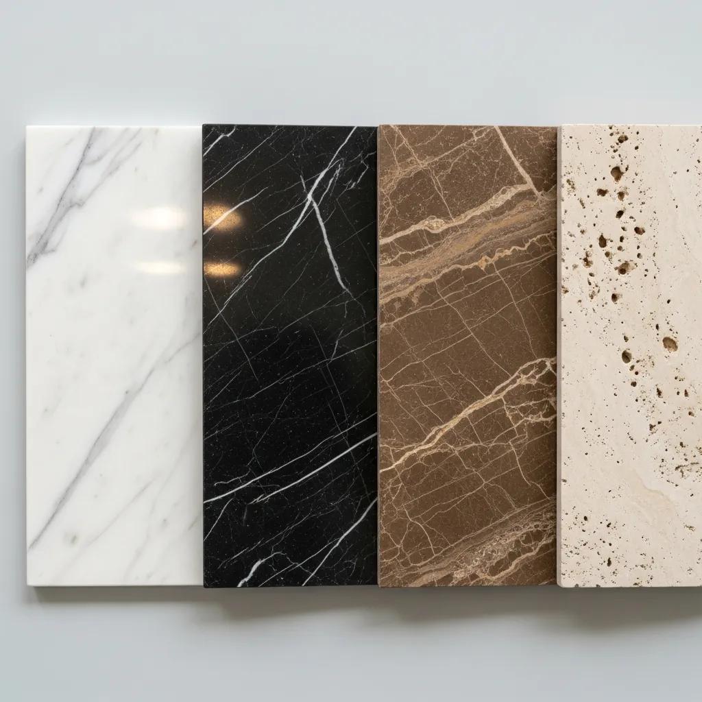 Variety of marble finishes including polished and honed, showcasing their unique textures and colors