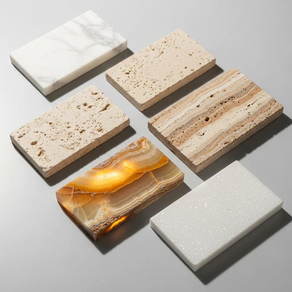Variety of natural stones including marble, limestone, and quartzite, highlighting the types that benefit from anti-etch sealing