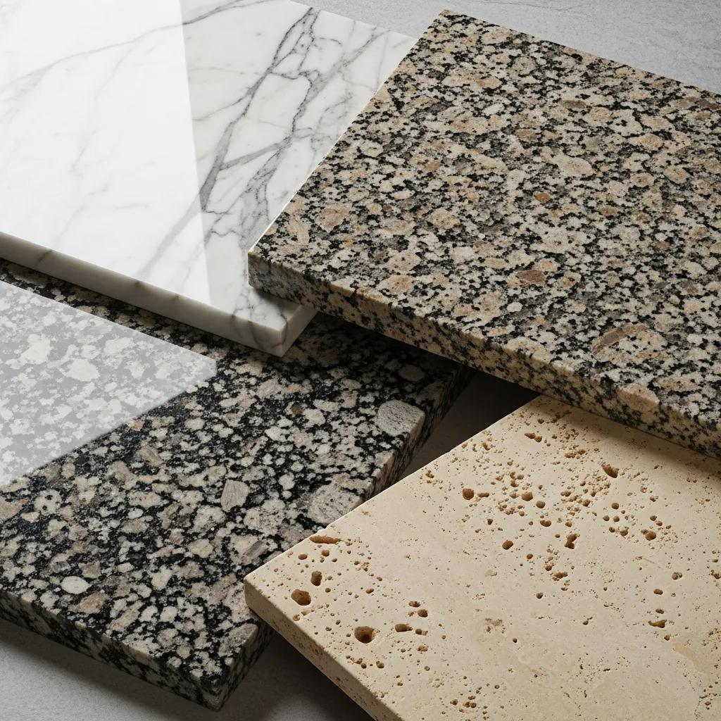 Variety of polished natural stone surfaces including marble, granite, and travertine