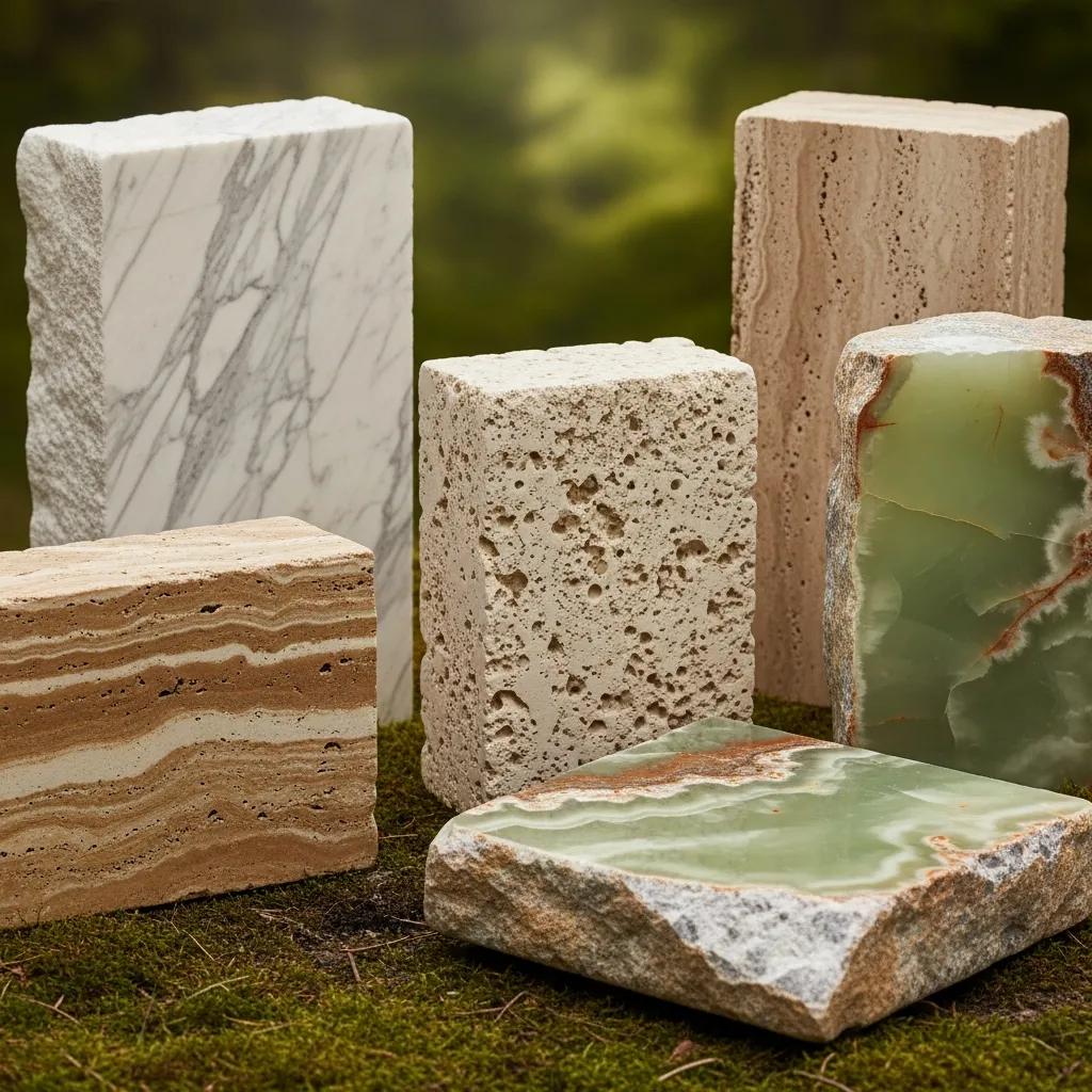 Various stone types including marble, limestone, travertine, and onyx, showcasing their unique textures and vulnerability to acid damage